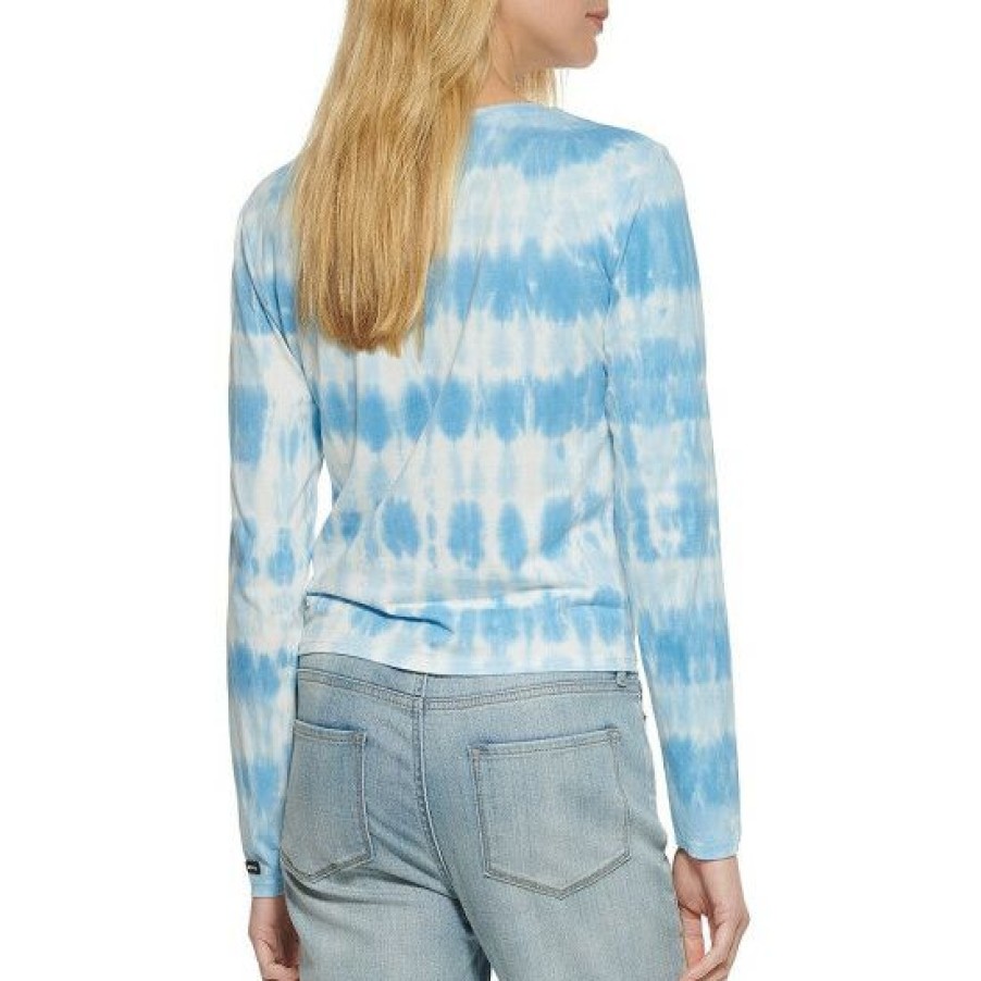 Women'S Clothing * | New Dkny Tie Dye Stripe Ruched Drawstring Front Round Neck Long Sleeve Top All Aboard Blue