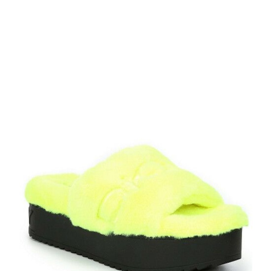 Shoes * | Coupon Dkny Palz Signature Logo Faux Fur Platform Slides Citron