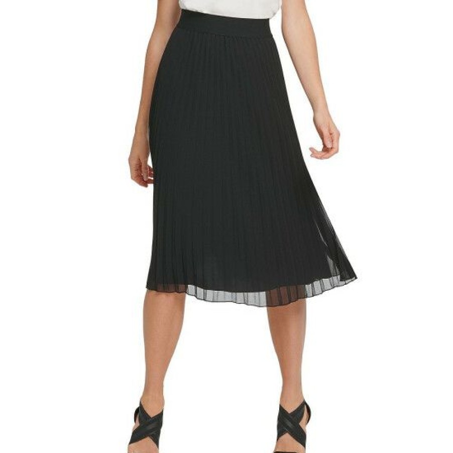 Women'S Clothing * | Top 10 Dkny Chiffon Pleated Pull-On A-Line Midi Skirt Black