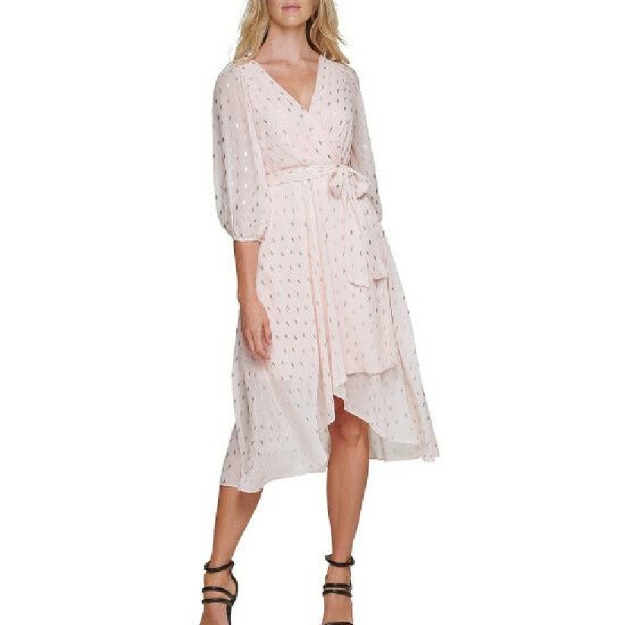 Women'S Clothing * | Hot Sale Dkny Surplice V-Neck 3/4 Balloon Sleeves High-Low Faux Wrap Midi Dress Powder