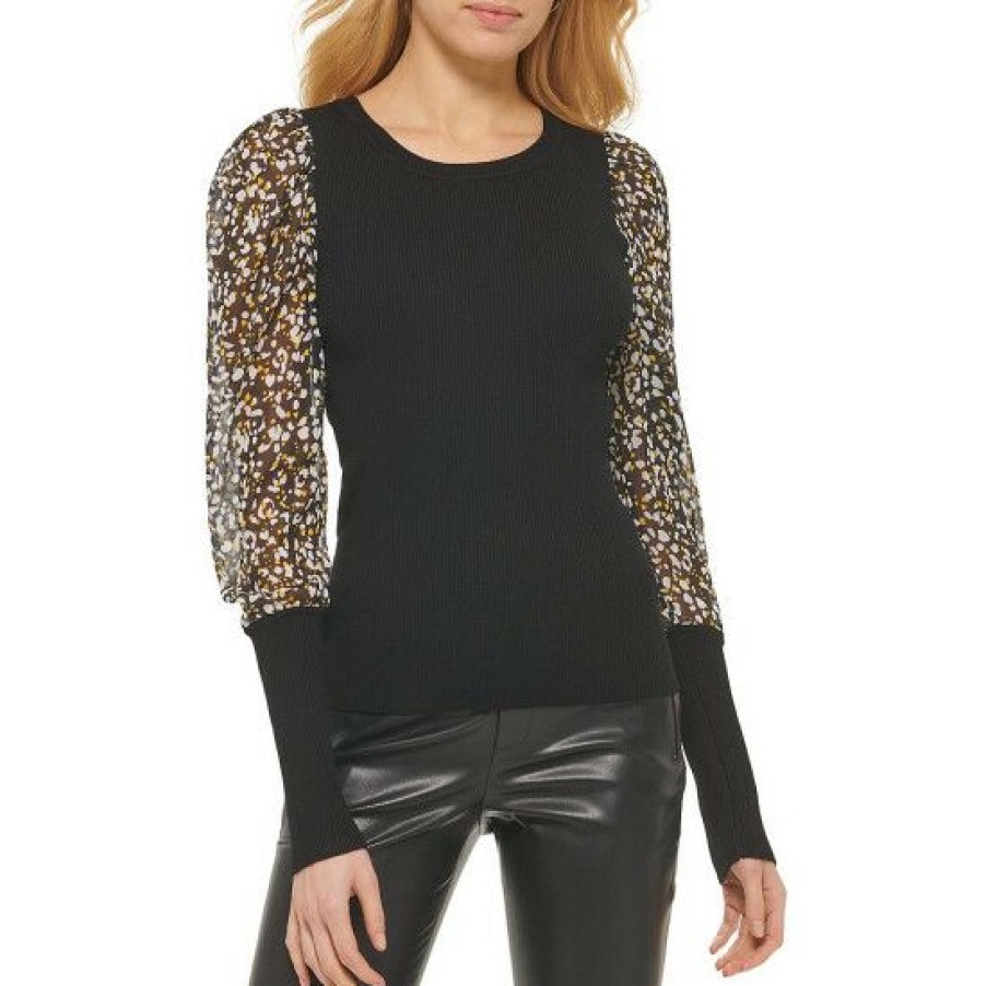 Women'S Clothing * | Deals Dkny Printed Long Sheer Puff Sleeve Round Neck Top Black/Black Gold