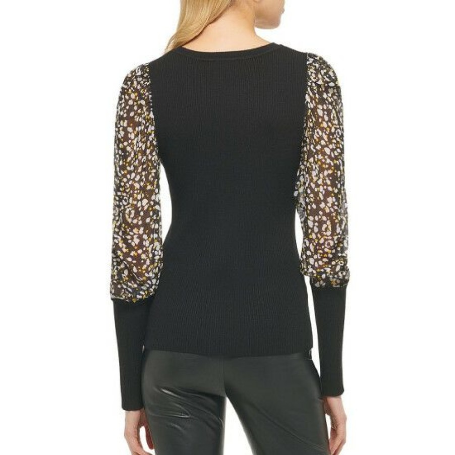 Women'S Clothing * | Deals Dkny Printed Long Sheer Puff Sleeve Round Neck Top Black/Black Gold