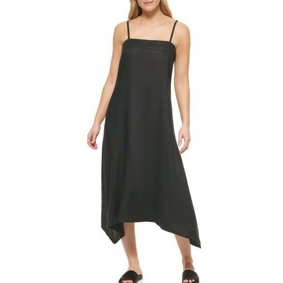 Women'S Clothing * | Best Sale Dkny Asymmetrical Hem Square Neck Sleeveless Linen Waistless Midi Dress