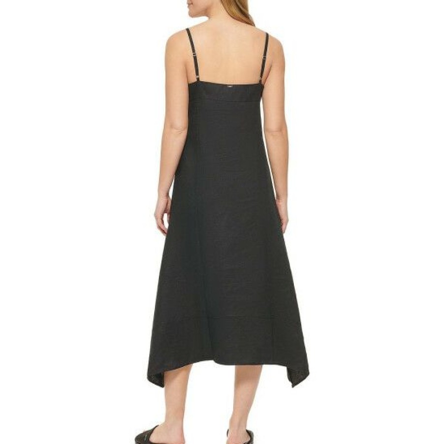 Women'S Clothing * | Best Sale Dkny Asymmetrical Hem Square Neck Sleeveless Linen Waistless Midi Dress