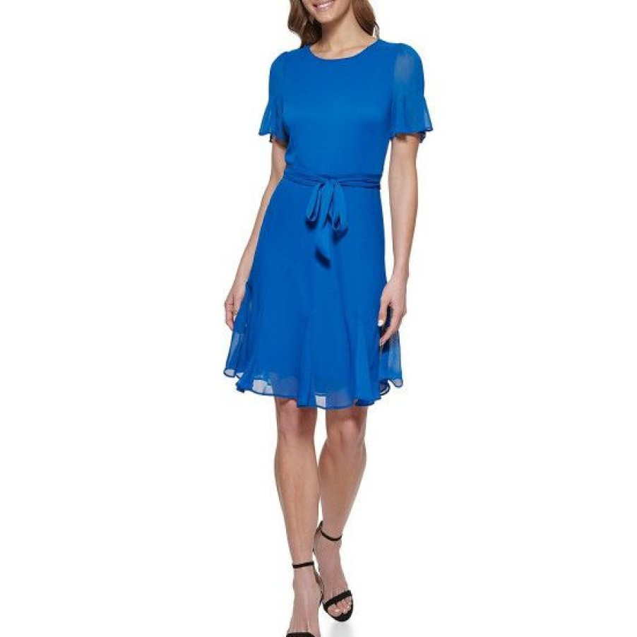 Women'S Clothing * | Cheapest Dkny Chiffon Crew Neck Short Flutter Sleeve Tie Waist Dress Blue Lagoon