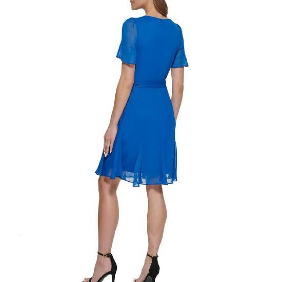 Women'S Clothing * | Cheapest Dkny Chiffon Crew Neck Short Flutter Sleeve Tie Waist Dress Blue Lagoon