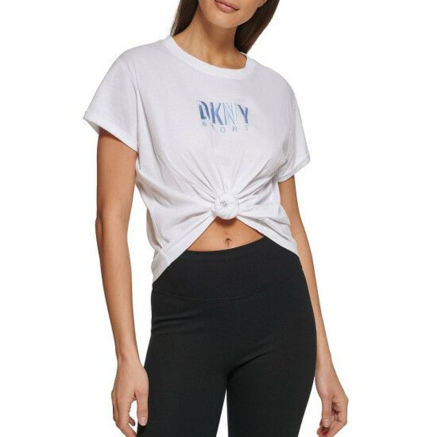 Women'S Clothing * | Hot Sale Dkny Sport Embroidered Logo Knot Front Crew Neck Short Sleeve Cotton Jersey Tee White/Hydrangea