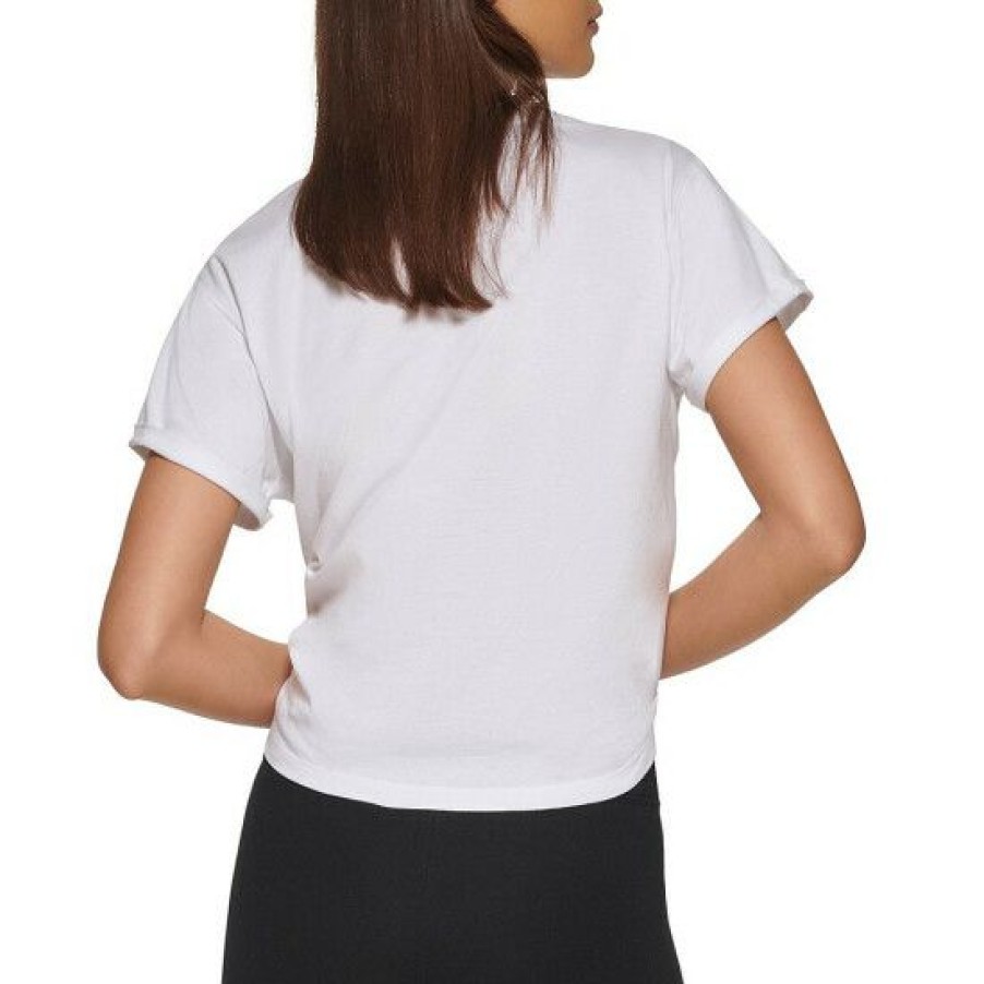 Women'S Clothing * | Hot Sale Dkny Sport Embroidered Logo Knot Front Crew Neck Short Sleeve Cotton Jersey Tee White/Hydrangea