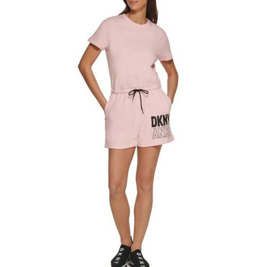 Women'S Clothing * | Top 10 Dkny Sport Flip Reflective Logo Crew Neck Short Sleeve Drawcord Waist Romper Blossom