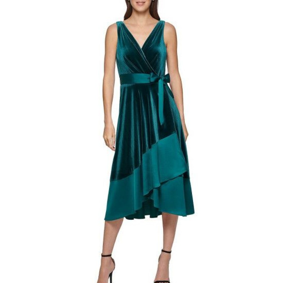 Women'S Clothing * | Flash Sale Dkny Stretch Velvet Satin Trim Surplice V-Neck Sleeveless Faux Wrap Tie Waist Midi Dress Forest Green