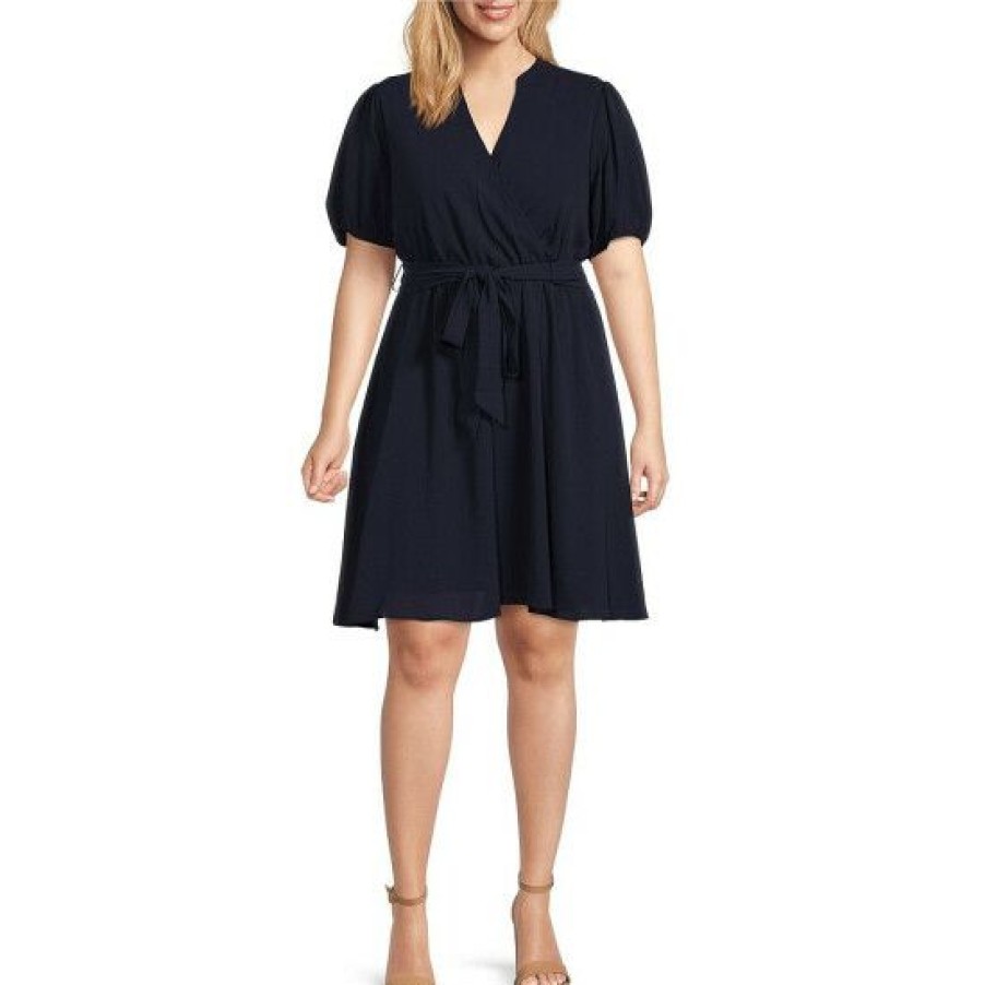 Women'S Clothing * | Deals Dkny Plus Size Short Bubble Sleeve Surplice V-Neck Faux Wrap Tie Waist Dress Navy