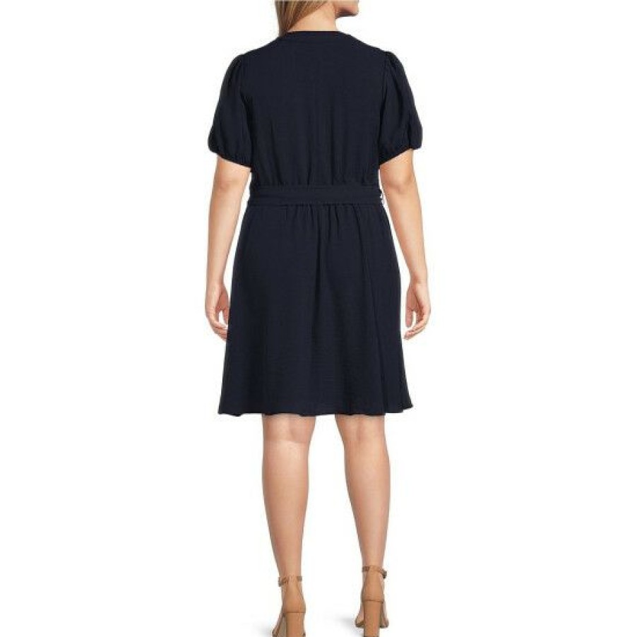 Women'S Clothing * | Deals Dkny Plus Size Short Bubble Sleeve Surplice V-Neck Faux Wrap Tie Waist Dress Navy