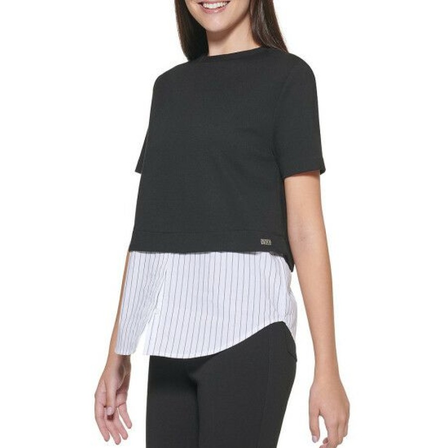 Women'S Clothing * | Flash Sale Dkny Short Sleeve Crew Neck Mixed Media Layered Twofer Top Black/White Multi