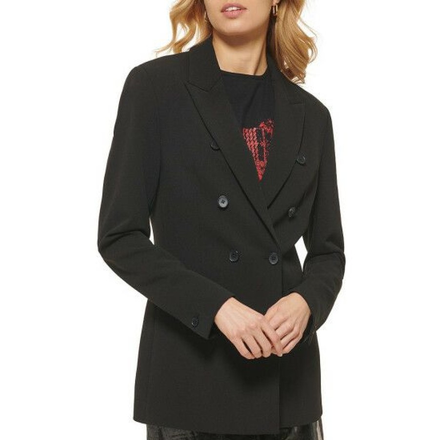 Women'S Clothing * | Coupon Dkny Notch Lapel Double Breasted Long Sleeve Faux Pocket Blazer