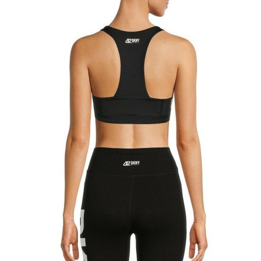 Women'S Clothing * | Discount Dkny Sport Reflective Logo Low Impact Racerback Coordinating Sports Bra Black