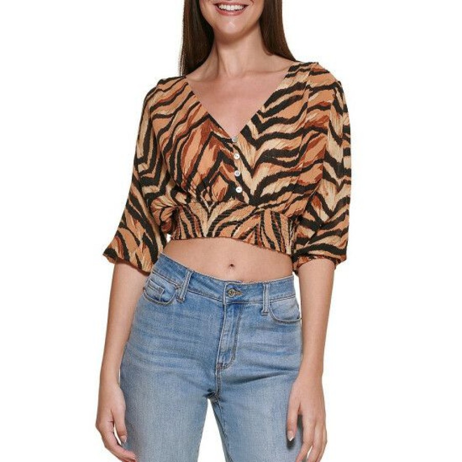 Women'S Clothing * | Buy Dkny V-Neck Animal Print 3/4 Sleeve Smocked Waist Cropped Top Nomad Black