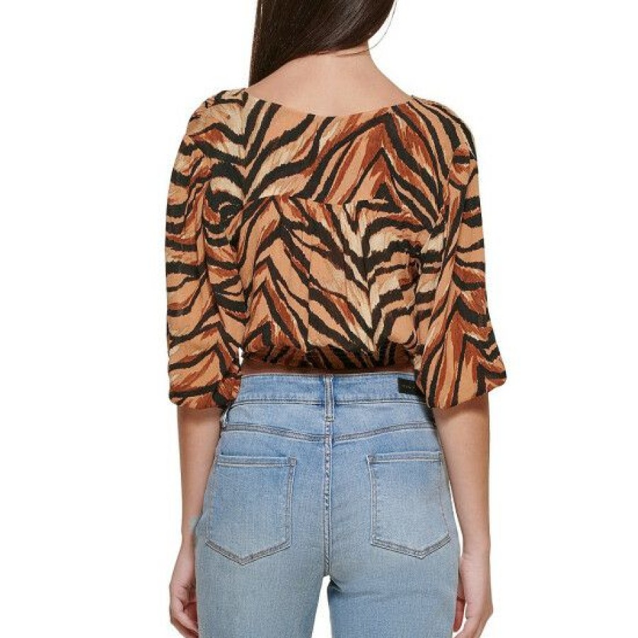 Women'S Clothing * | Buy Dkny V-Neck Animal Print 3/4 Sleeve Smocked Waist Cropped Top Nomad Black