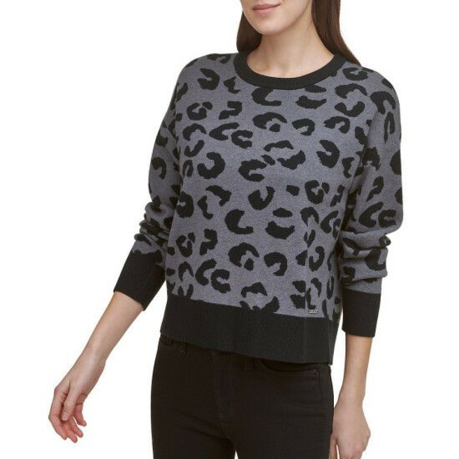 Women'S Clothing * | Hot Sale Dkny Leopard Print Crew Neck Long Sleeve Ribbed Hem Knit Statement Sweater Graphite