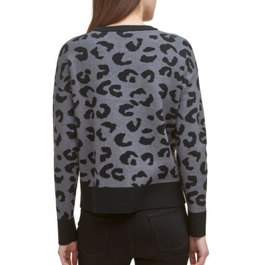 Women'S Clothing * | Hot Sale Dkny Leopard Print Crew Neck Long Sleeve Ribbed Hem Knit Statement Sweater Graphite