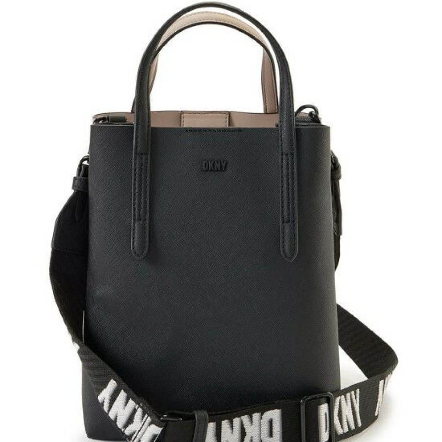 Women'S Clothing * | Best Sale Dkny Ines Vegan Leather Logo Strap Tote Bag Black