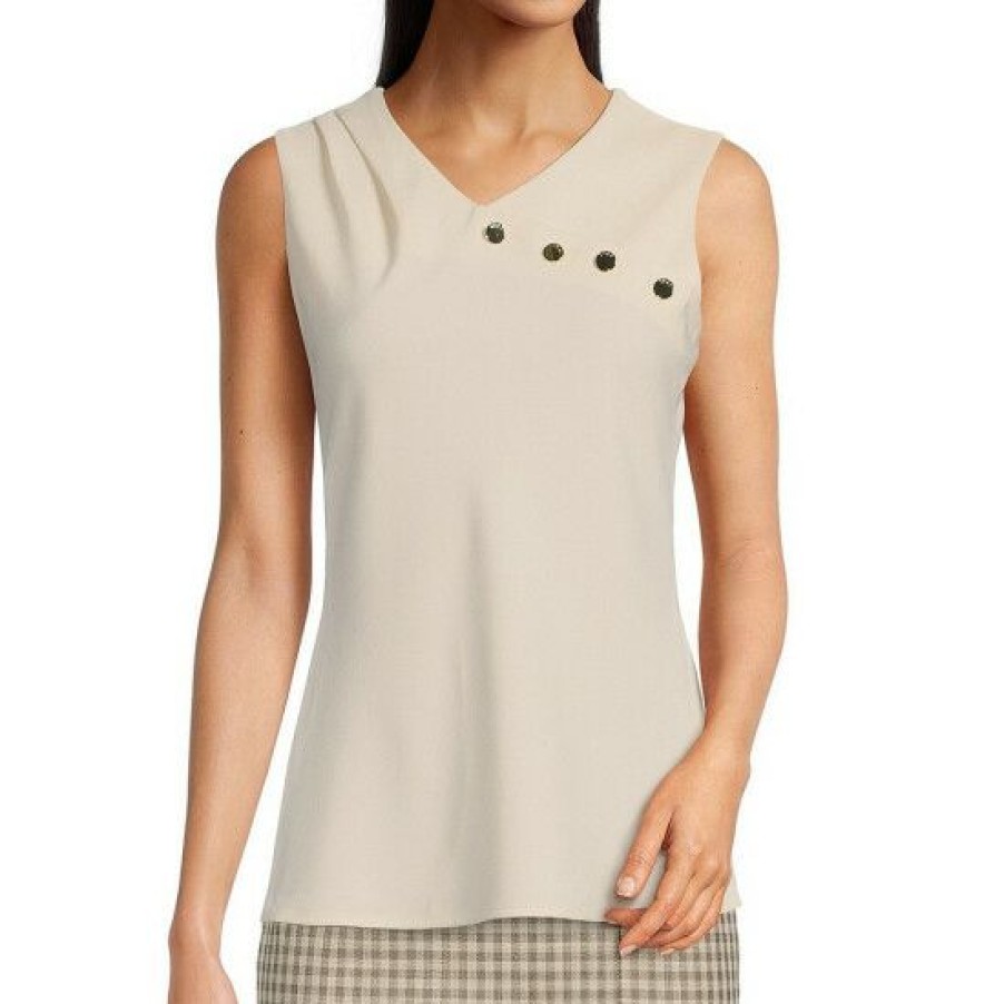 Women'S Clothing * | Flash Sale Dkny Solid Knit Asymmetric Neck Sleeveless Button Embellished Top