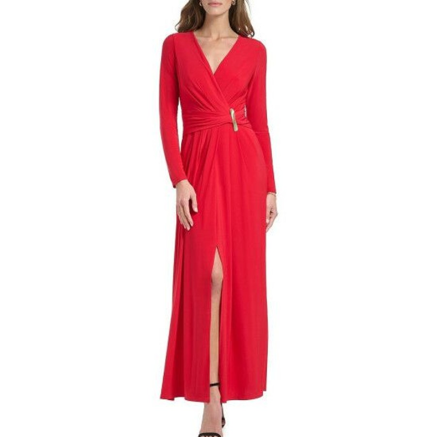 Women'S Clothing * | Top 10 Dkny Long Sleeve Surplice V-Neck Metal Grommet Detail Gown Scarlet