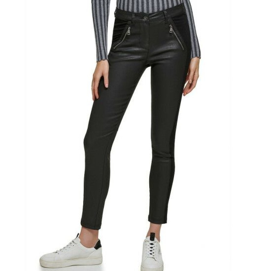 Women'S Clothing * | Cheapest Dkny Mixed Media High Rise Zipper Coated Ankle Skinny Jeans Black