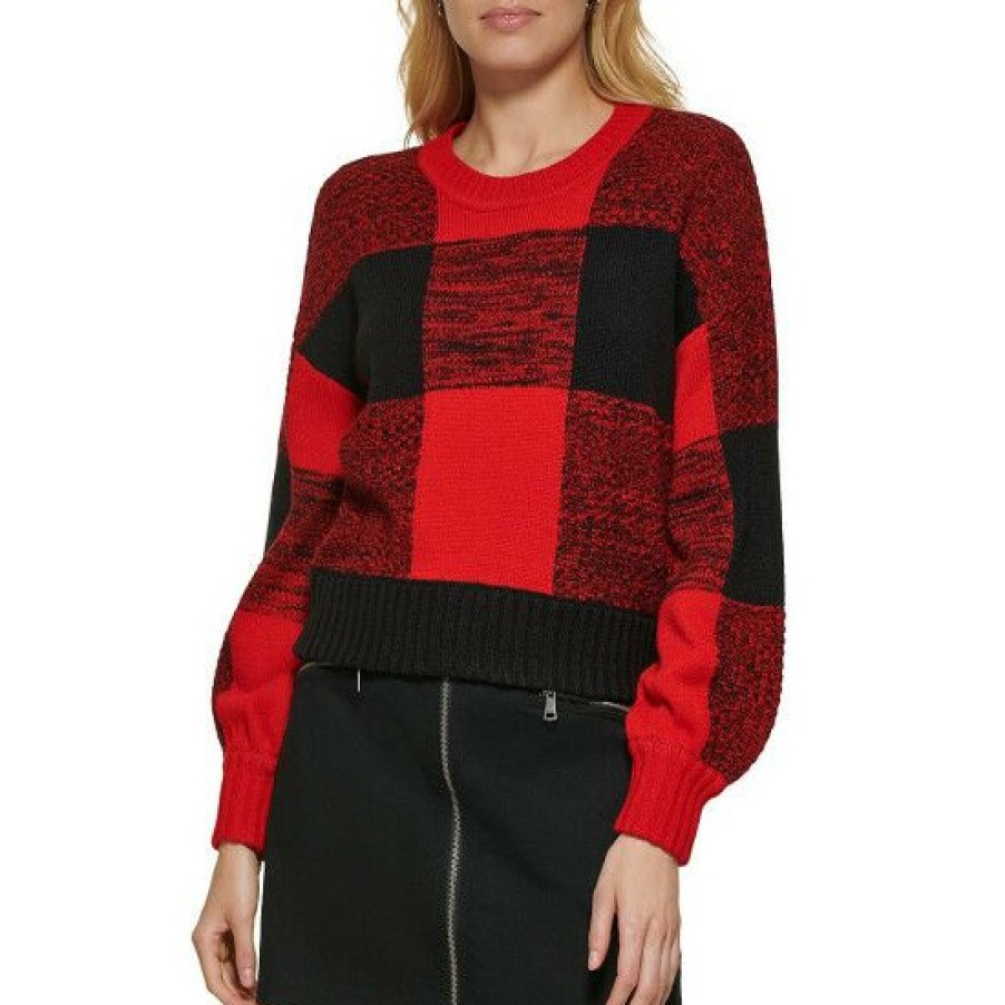 Women'S Clothing * | New Dkny Box Plaid Print Crew Neck Long Dropped Shoulder Sleeve Banded Hem Sweater Black/Scarlet