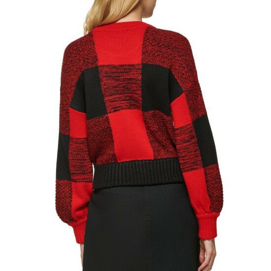 Women'S Clothing * | New Dkny Box Plaid Print Crew Neck Long Dropped Shoulder Sleeve Banded Hem Sweater Black/Scarlet