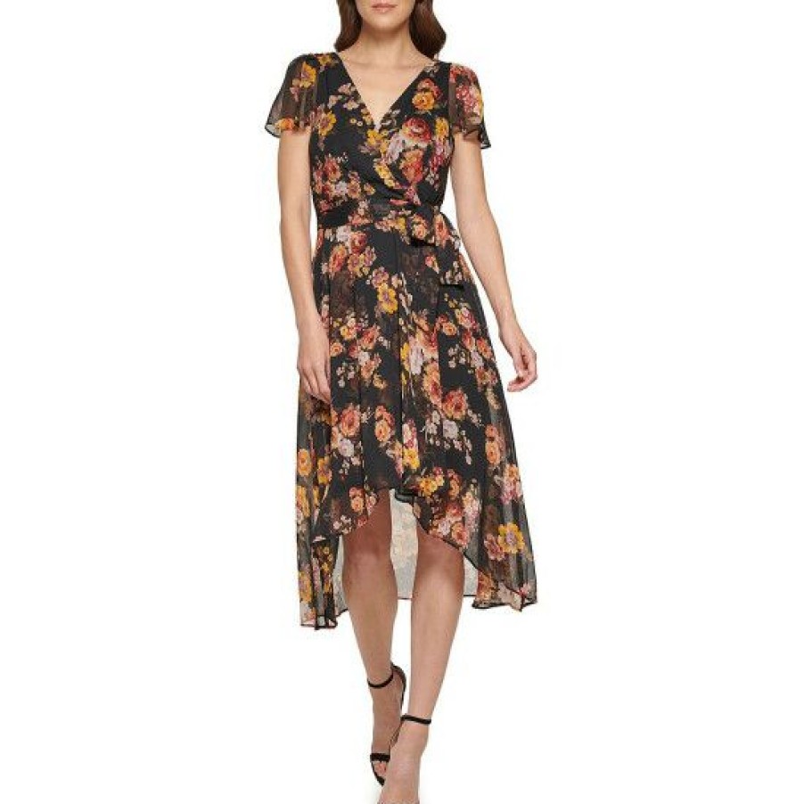 Women'S Clothing * | Best Sale Dkny Floral Print Short Flutter Sleeve Surplice V-Neck Faux Wrap High-Low Midi Dress