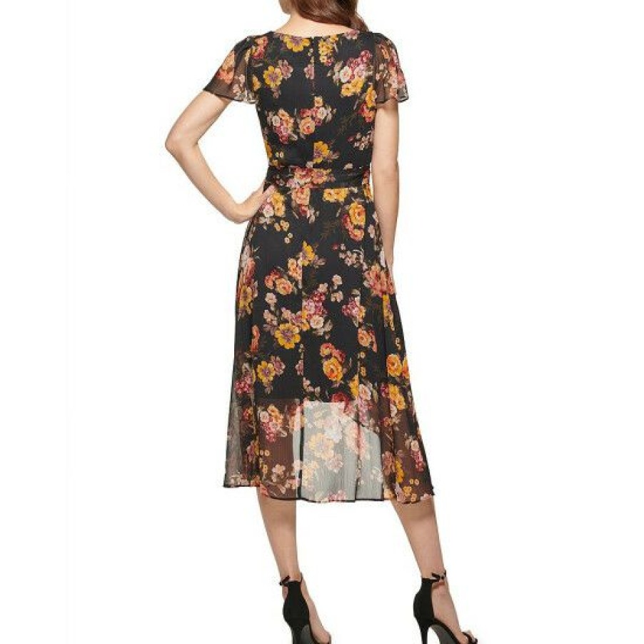 Women'S Clothing * | Best Sale Dkny Floral Print Short Flutter Sleeve Surplice V-Neck Faux Wrap High-Low Midi Dress