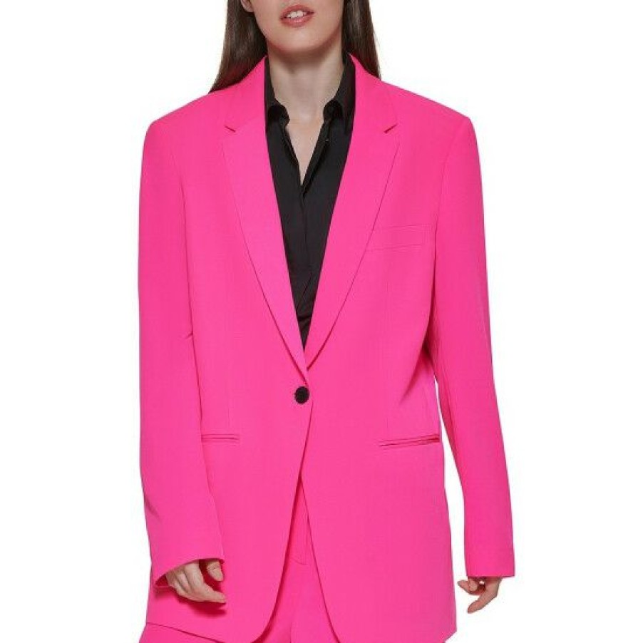 Women'S Clothing * | Hot Sale Dkny Notch Lapel Long Sleeve Crepe Boyfriend Statement Blazer Jacket Power Pink