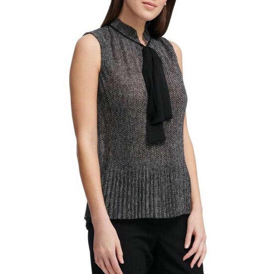 Women'S Clothing * | New Dkny Pleated Split V-Neck Sleeveless Georgette Top Black/White