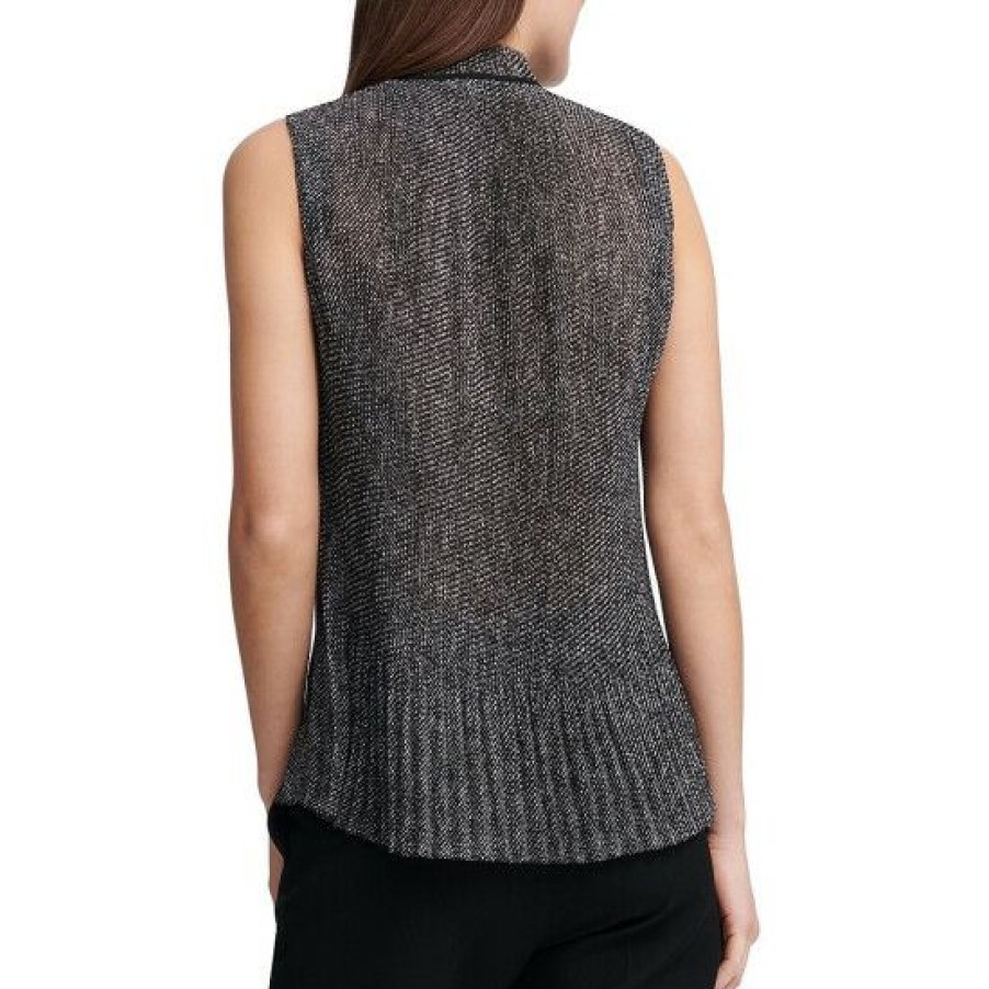 Women'S Clothing * | New Dkny Pleated Split V-Neck Sleeveless Georgette Top Black/White