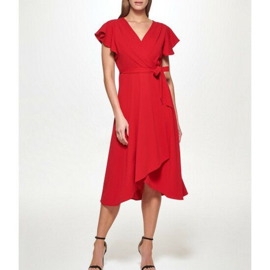 Women'S Clothing * | Best Sale Dkny Petite Size Surplice V-Neck Short Flutter Sleeve Faux Wrap Midi Dress Scarlet