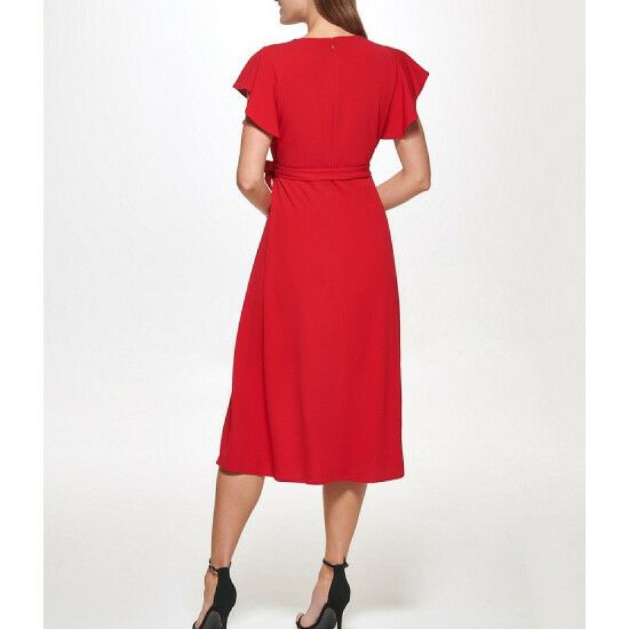 Women'S Clothing * | Best Sale Dkny Petite Size Surplice V-Neck Short Flutter Sleeve Faux Wrap Midi Dress Scarlet