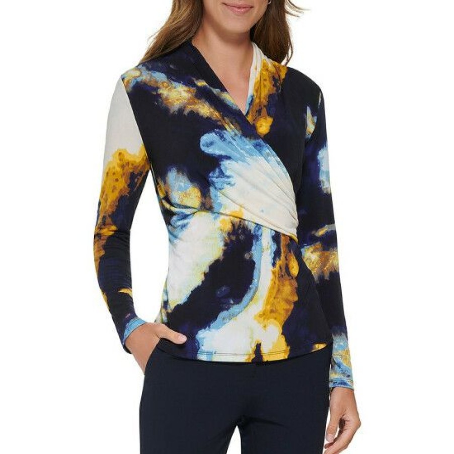 Women'S Clothing * | Cheapest Dkny Printed Long Sleeve Surplice V-Neck Side Wrap Ruched Top Cadet/Mineral Blue