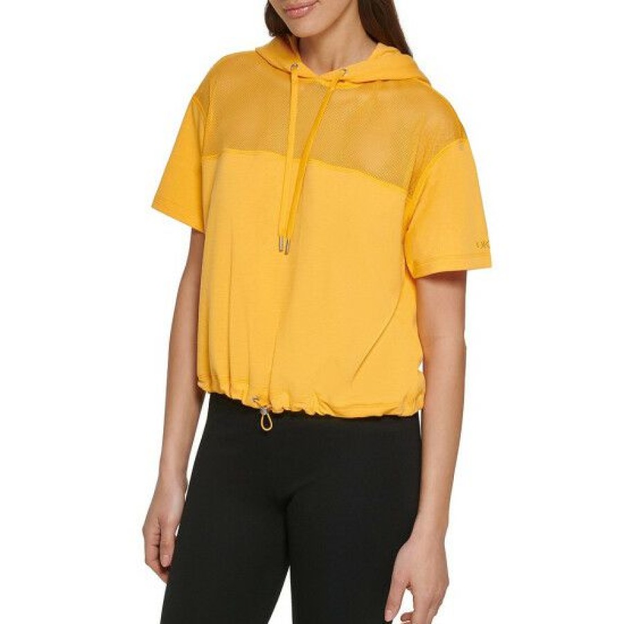 Women'S Clothing * | Top 10 Dkny Sport Mesh Blocked Short Sleeve Drawcord Cropped Hoodie