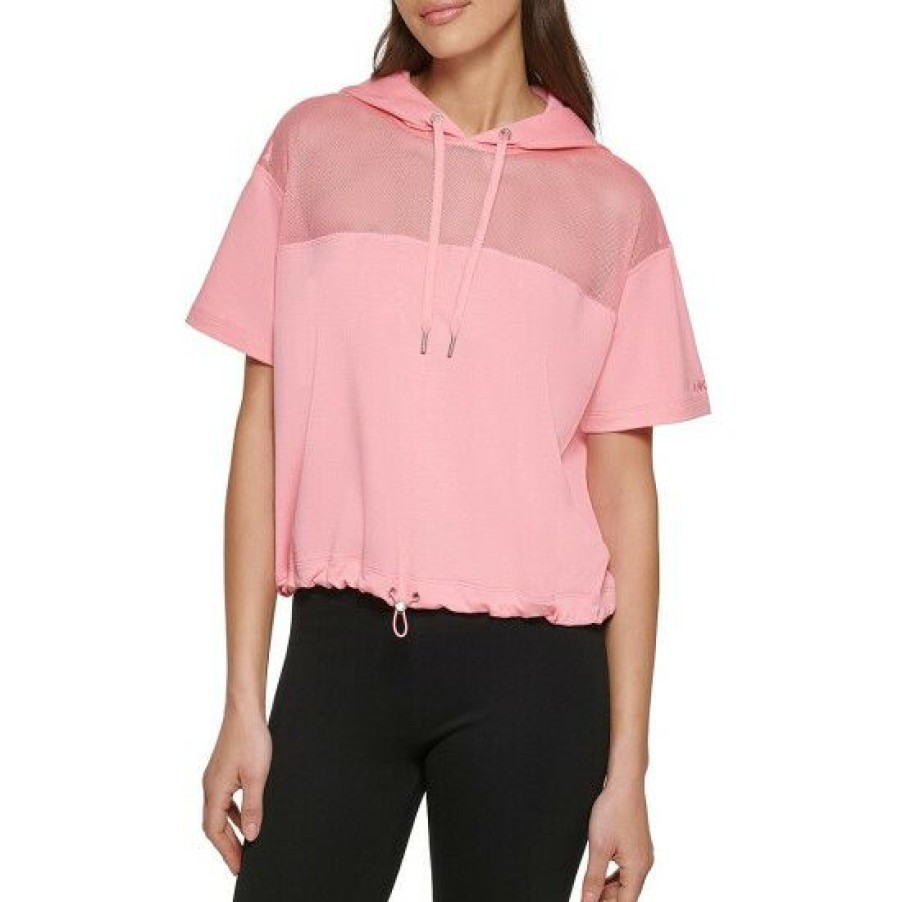 Women'S Clothing * | Top 10 Dkny Sport Mesh Blocked Short Sleeve Drawcord Cropped Hoodie