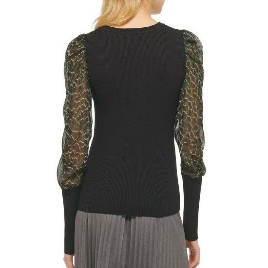 Women'S Clothing * | Flash Sale Dkny Mixed Media Printed Long Sleeve Jewel Neck Top Black/Cadet Green