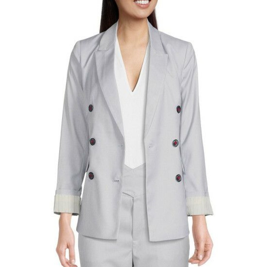 Women'S Clothing * | Coupon Dkny Double Breasted Long Cuff Sleeve Notch Lapel Button Front Jacket Blue Heather