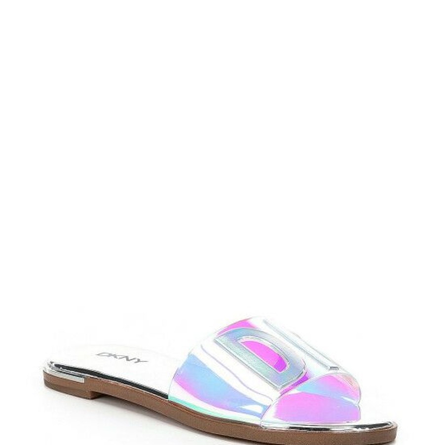 Shoes * | Hot Sale Dkny Waltz Iridescent Vinyl Flat Sandals Silver