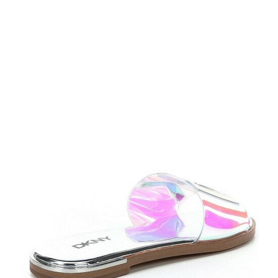 Shoes * | Hot Sale Dkny Waltz Iridescent Vinyl Flat Sandals Silver