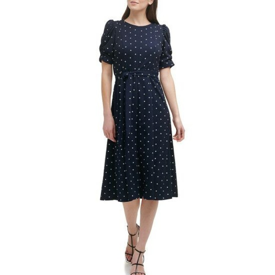 Women'S Clothing * | Hot Sale Dkny Petite Size Short Ruched Sleeve Tie Waist Crew Neck Dot Print A-Line Midi Dress Midnight