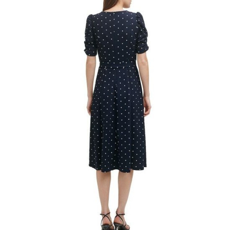 Women'S Clothing * | Hot Sale Dkny Petite Size Short Ruched Sleeve Tie Waist Crew Neck Dot Print A-Line Midi Dress Midnight