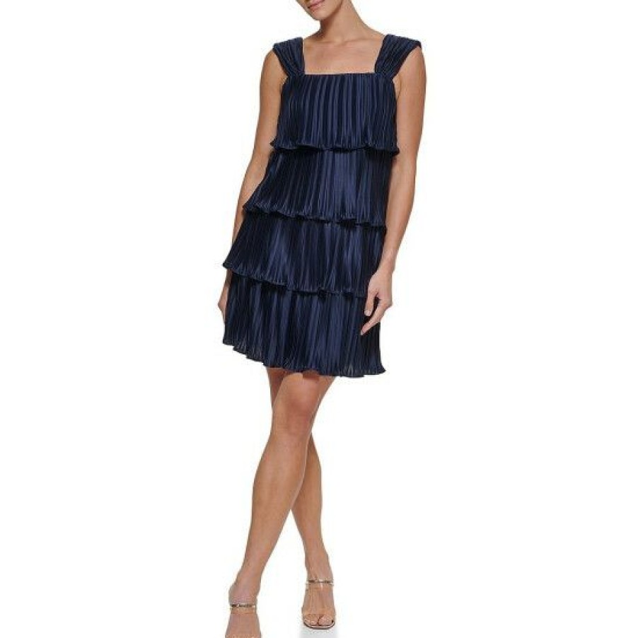 Women'S Clothing * | Best Sale Dkny Sleeveless Square Neck Tiered Ruffle Pleated Swing Dress Navy