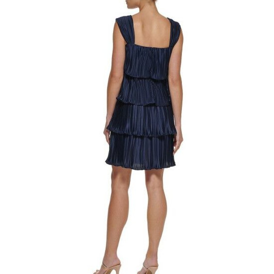 Women'S Clothing * | Best Sale Dkny Sleeveless Square Neck Tiered Ruffle Pleated Swing Dress Navy