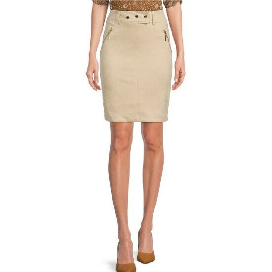 Women'S Clothing * | New Dkny Faux Suede High Waist Belted Pencil Skirt Oatmeal