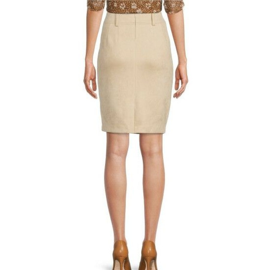 Women'S Clothing * | New Dkny Faux Suede High Waist Belted Pencil Skirt Oatmeal