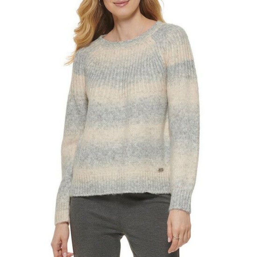 Women'S Clothing * | Buy Dkny Stripe Ombre Print Crew Neck Long Sleeve Sweater